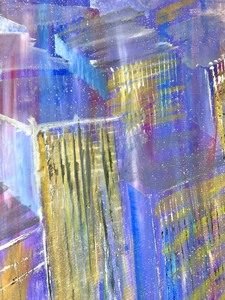 lot 73 image: Tony Saeman 1989 Large Abstract Cityscape Painting in Blues & Violet