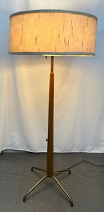 lot 74 image: Unique Mid-Century Teak & Brass Adjustable Height Floor Lamp with Silk Shade