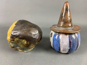 lot 130 image: Two Unique Pottery Pieces - Witches Hat Pumpkin & Abstract Head