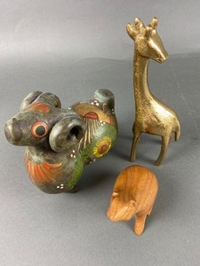 lot 131 image: Three Vintage Animal Figurines - Colorful Ram, Teak Bear & Brass Magnetic Giraffe