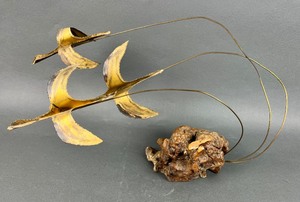 lot 81 image: Vintage Brass Birds on Wood Burl Sculpture & Brutalist Rocks w Iron