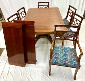 lot 1 image: Elegant Vintage Mahogany Dining Table & Six Chairs with Leaves and Table Pads- 8 Feet Long (w Leaves)