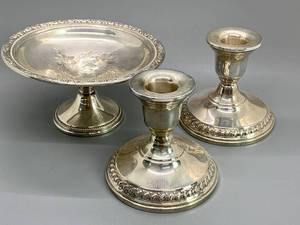 lot 232 image: Vintage Sterling Silver Frank M. Whiting Company Compote and Columbia Candlestick Holders