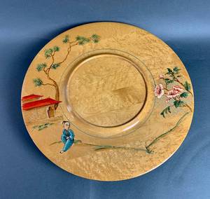 lot 196 image: Handsome Vintage Lazy Susan - Hand Painted Blonde Wood, Asian Theme