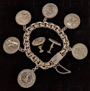 lot 117 image: Vintage Sterling Silver Coins Bracelet and Earrings, Charm Bracelet