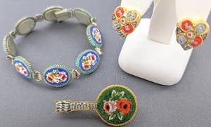 lot 244 image: Vintage 1950s Mosaic Jewelry from Italy - Bracelet, Mandolin Brooch and Clip-On Earrings