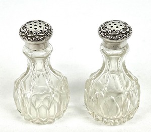 lot 280 image: Three Pair of Vintage Cut-Glass SaltPepper Shakers wSterling Silver Tops