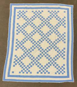lot 303 image: Two Vintage Handmade Checkered Blue and White Quilts - 1930s