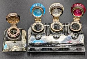 lot 316 image: Two Antique Crystal Inkwells w Sterling Silver Caps - Triple and Single Units