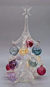 lot 323 image: Hand Blown Glass Christmas Tree with Ornaments and Antique Embossed Table Lamp