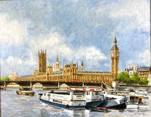 lot 347 image: Elizabeth Picton Framed Oil - Thames River View of Palace of Westminster