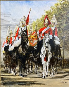 lot 348 image: Elizabeth Picton Framed Oil - The Queens Guard on Horseback