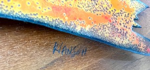 lot 344 image: Mid Century Dimensional Art - Bright Enameled Copper Road Runners on a Teak Plank by Jack Hanson