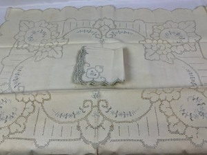 lot 219 image: Antique Blue & Ivory Hand Embroidered Linens