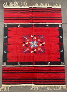 lot 335 image: Vintage Southwestern Themed Rug - Red with accents in Black, Blue, Grey