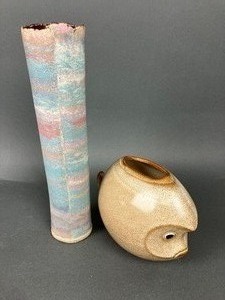 lot 289 image: 2 Vintage Studio Pottery Vases- Shades of Pastel & Figural Fish