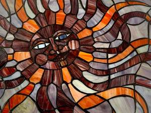 lot 339 image: Stunning Vintage Leaded Stained Glass - Circular Glass Art Sun Face and Rays