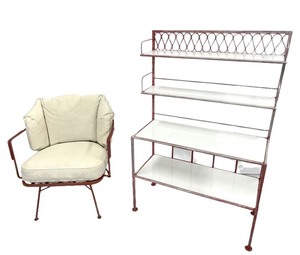 lot 98 image: Mid Century Maurizio Tempestini for Salterini Iron Ribbon Back Etagere & Club Chair