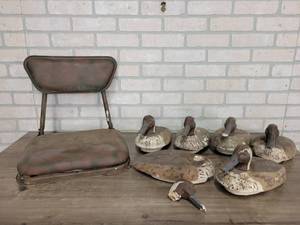 lot 624 image: Vintage Duck Decoys and Folding Duck Boat Seat