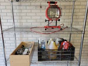 lot 635 image: Commercial Disinfectant, Homelite Chainsaw, Commercial Kitchen Utensils and Halogen Worklight