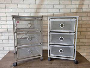 lot 656 image: Pair of Metal Mesh Rolling 3-Drawer Cabinets - Each is about 23 x 14 x 14