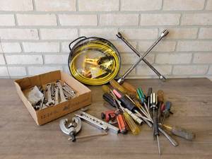 lot 685 image: Lot of Combination Wrenches, Jumper Cables, Flaring Tool, Screwdrivers and More