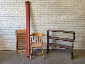 lot 694 image: Quilt Rack (75 Long), Wood Shelf (34 x 36 x 8), Wood Shutter and Chair