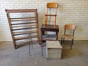 lot 695 image: Shoe Rack (42 x 35 x 10), Quilt Rack (33.5 Long), Vintage Chairs and Tables