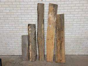 lot 785 image: Lot of (5) Live Edge Wood Slabs - Unknown Species - 56 x 9 x 1.25, 66 x 9.5 x 1.25, 66 x 8 x 1.25, 44 x 9 x 1.75 and 30 x 9 x 125