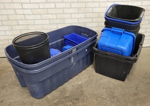 lot 793 image: Large Lot of Plastic Totes, Wastebaskets and Parts Bins - Largest totes are 41 x 21 x 16