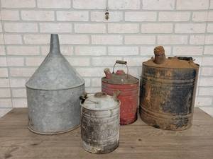 lot 796 image: Lot of Antique Fuel Cans and Large Galvanized Funnel