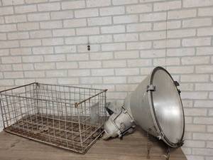 lot 800 image: Large Vintage Industrial Light and Wire Basket - Light is about 19 Diameter