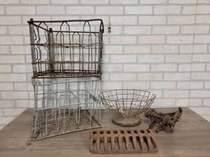 lot 801 image: Pair of Wire Crates, Wire Basket w Cast Iron Base and More