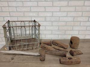 lot 802 image: Large Lot of Wedges and Mauls  Sunnybrook Dairy Metal Crate
