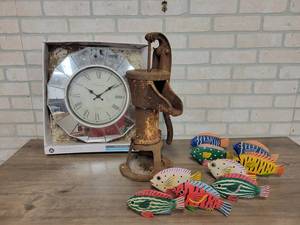 lot 805 image: Antique Well Pump Head, Decorative Carved Wood Fish and Clock