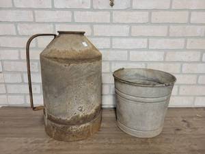 lot 821 image: Vintage Galvanized Bucket and Cream Can - Cream can is about 18 Tall