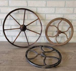 lot 832 image: Steel Wheel and (2) Cast Iron Pulleys - Largest is 16 Diameter