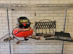 lot 851 image: Contents of Shelf - Garage Supplies - Cart NOT Included - Compressor Works