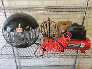 lot 852 image: Contents of Shelf - Garage Supplies - Cart NOT Included - Compressor Works