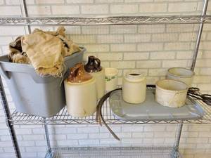 lot 853 image: Contents of Shelf - Crocks, Burlap Sacks and More - Cart NOT Included
