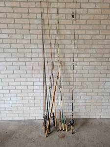 lot 873 image: Large Lot of Vintage Fishing Poles and Reels - Sport King, Garcia, American Boy, Gladding, Wonderod and More