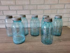 lot 875 image: Lot of (7) Antique Blue Ball Mason Jars - Half Gallon (64oz) w Zinc Lids