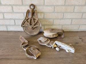 lot 753 image: Cast Iron  Steel and Wood Barn Pulleys  (2) Barn Door Slide Wheels