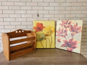 lot 758 image: Pair of Canvas Art Prints and Solid Wood Magazine Rack - Prints are 16 x 20 and 15.5 x 19.5