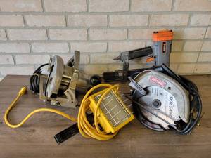 lot 773 image: Pair of Vintage Circular Saws, Paslode Pneumatic Nailer and Worklight