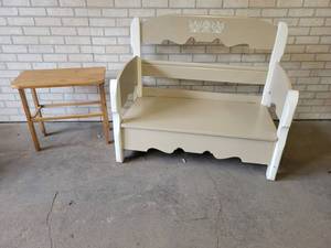 lot 923 image: Solid Wood Entry Way Bench w Storage (42 x 22 x 36 Tall) and Small Side Table