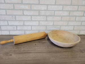 lot 934 image: Wood Bowl and Large Rolling Pin - Bowl is 13 Diameter and Rolling Pin is 15 x 3.5 wo Handles
