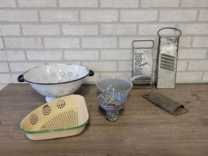 lot 935 image: Lot of enamelware Strainers, Galvanized Graters and More