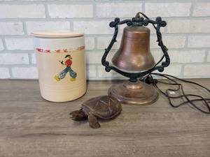 lot 940 image: Vintage Metal Bell Lamp (12 Tall), Crock and Wood Turtle