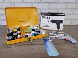lot 941 image: Vintage Thread Case w Thread, 38 Black & Decker Electric Drill and Hot Glue Gun